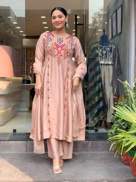 KF 313 Kalaai Pv Chanderi Embroidery Kurti With Bottom Dupatta
